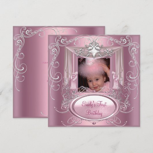 Eerste verjaardag van het meisje roze zilver ster kaart (Voorkant / Achterkant)