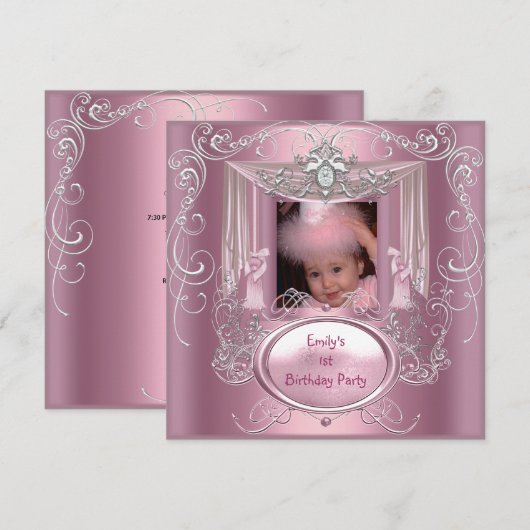 Eerste verjaardag van het meisje roze zilver ster kaart (Voorkant / Achterkant)