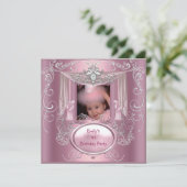 Eerste verjaardag van het meisje roze zilver ster kaart (Staand voorkant)