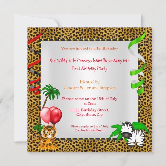 Eerste verjaardag van het Oerwoud Safari Wild Brun Kaart (Achterkant)