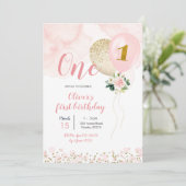 Eerste verjaardag van het roze en gouden ballonmei kaart (Staand voorkant)