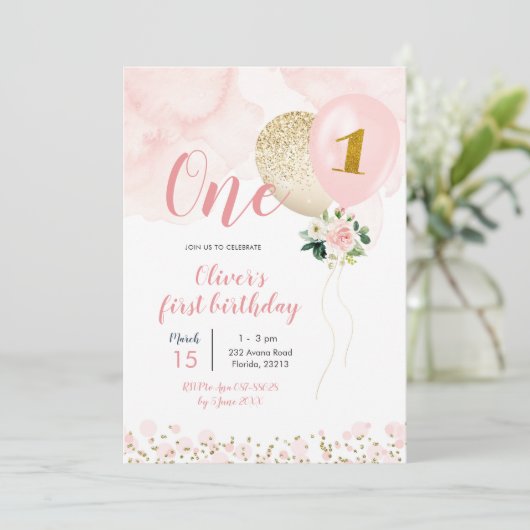 Eerste verjaardag van het roze en gouden ballonmei kaart (Staand voorkant)