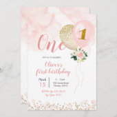 Eerste verjaardag van het roze en gouden ballonmei kaart (Voorkant / Achterkant)