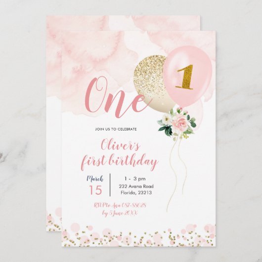 Eerste verjaardag van het roze en gouden ballonmei kaart (Voorkant / Achterkant)