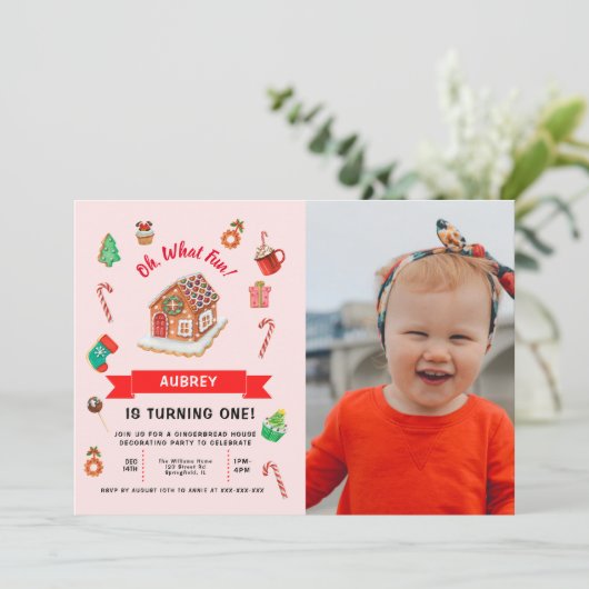 Eerste verjaardag van het roze ontbijt op feestdag kaart (Staand voorkant)