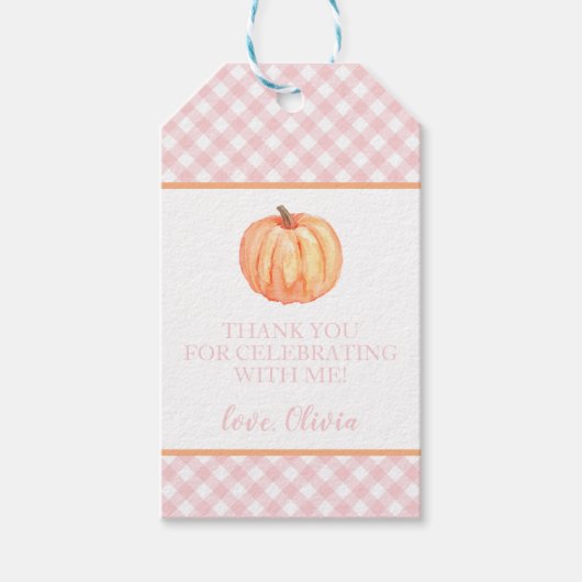 Eerste verjaardag van Little Pumpkin roze ruit Cadeaulabel (Voorkant)