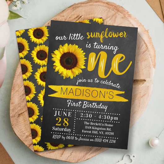 Eerste verjaardag van Little Sunflower Chalkboard Kaart