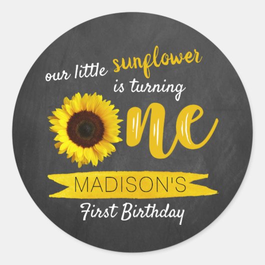 Eerste verjaardag van Little Sunflower Chalkboard Ronde Sticker (Voorkant)