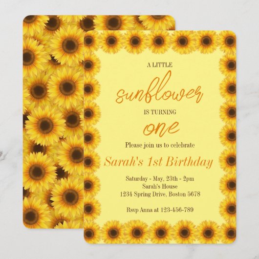 Eerste verjaardag van Little Sunflower Floral Girl Kaart (Voorkant / Achterkant)