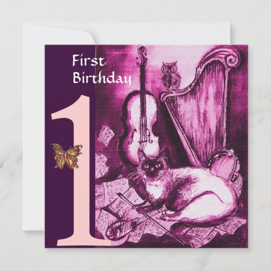 Eerste verjaardag van MUSICAL CAT Pink Fuchsia Kaart (Voorkant)