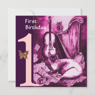 Eerste verjaardag van MUSICAL CAT Pink Fuchsia Kaart