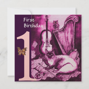 Eerste verjaardag van MUSICAL CAT Pink Fuchsia Kaart