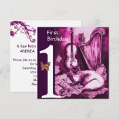 Eerste verjaardag van MUSICAL CAT Pink Fuchsia Kaart (Voorkant / Achterkant)