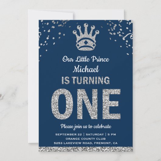 Eerste verjaardag van Navy Blue Silver Royal Princ Kaart (Voorkant)