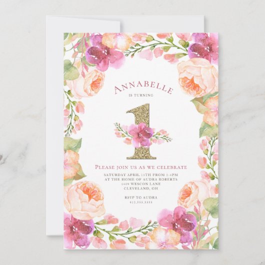 Eerste verjaardag van roze en gouden Floral Kaart (Voorkant)
