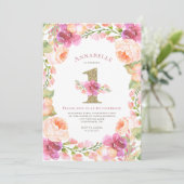 Eerste verjaardag van roze en gouden Floral Kaart (Staand voorkant)