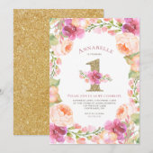 Eerste verjaardag van roze en gouden Floral Kaart (Voorkant / Achterkant)