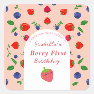 Eerste verjaardag van Strawber Berry Vierkante Sticker