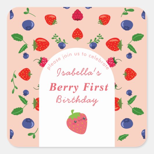 Eerste verjaardag van Strawber Berry Vierkante Sticker (Voorkant)