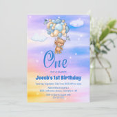 Eerste verjaardag van Teddy Bear Blue Balloons Par Kaart (Staand voorkant)