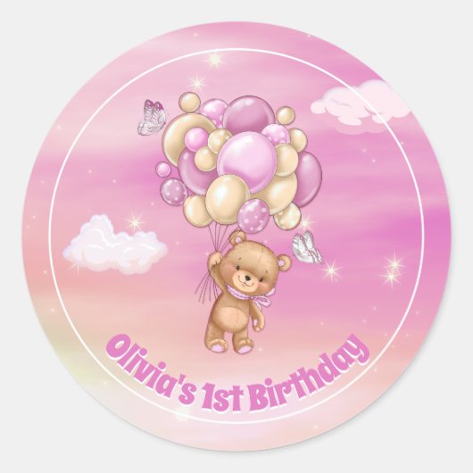 Eerste verjaardag van Teddy Bear Pink Balloons Ronde Sticker (Voorkant)