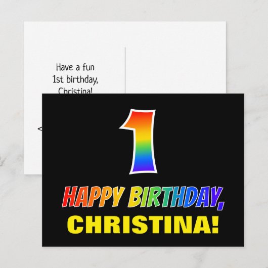 Eerste verjaardag: Vet, Vun, Eenvoudig, Regenboog Briefkaart (Voorkant / Achterkant)