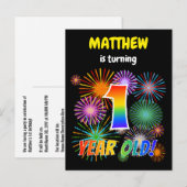 Eerste verjaardag - Vuurwerk, regenboogblik "1" Briefkaart (Voorkant / Achterkant)