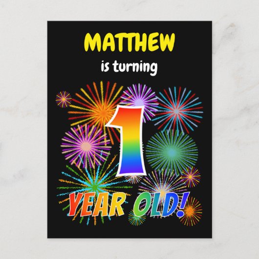 Eerste verjaardag - Vuurwerk, regenboogblik "1" Briefkaart (Voorkant)