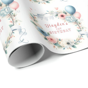 Eerste Verjaardag - Waterverf Bloemen en ballonnen Cadeaupapier