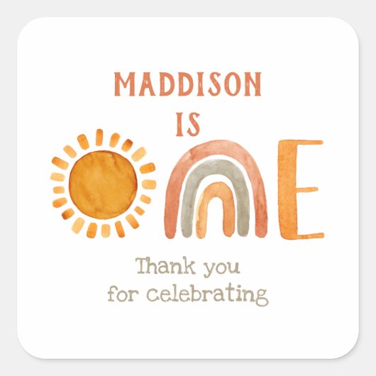 Eerste verjaardag Waterverf Boho Rainbow en Sun Vierkante Sticker (Voorkant)
