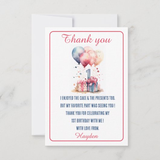 Eerste Verjaardag - Waterverf cadeaus en ballonnen Bedankkaart (Voorkant)