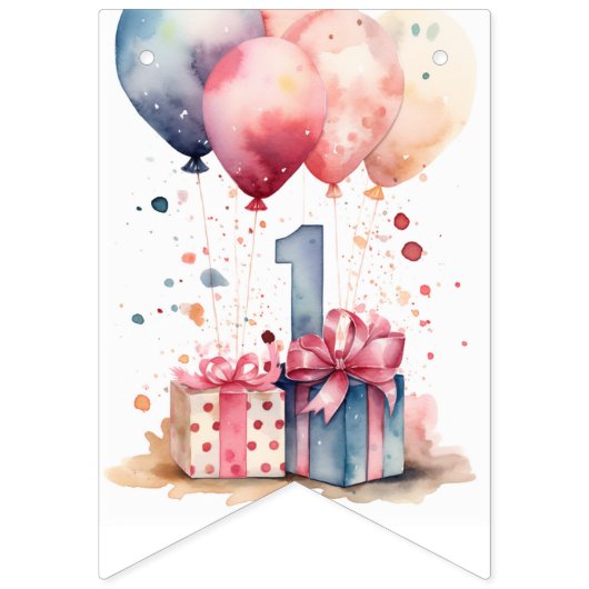 Eerste Verjaardag - Waterverf cadeaus en ballonnen Vlaggetjes (Eerste vlag)