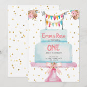 Eerste verjaardag Waterverf Cake Kaart (Voorkant / Achterkant)