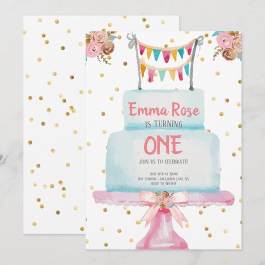 Eerste verjaardag Waterverf Cake Kaart (Voorkant / Achterkant)