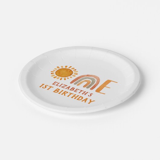 Eerste verjaardag Waterverf regenboog en zon Papieren Bordje (Gekanteld)