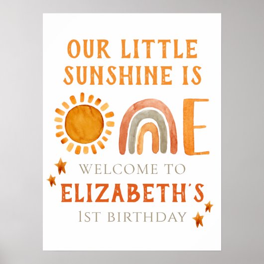 Eerste verjaardag Waterverf regenboog en zon welko Poster (Voorkant)