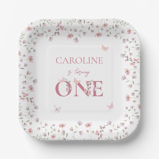 Eerste Verjaardag Waterverf Wildflower Butterfly Papieren Bordje (Voorkant)