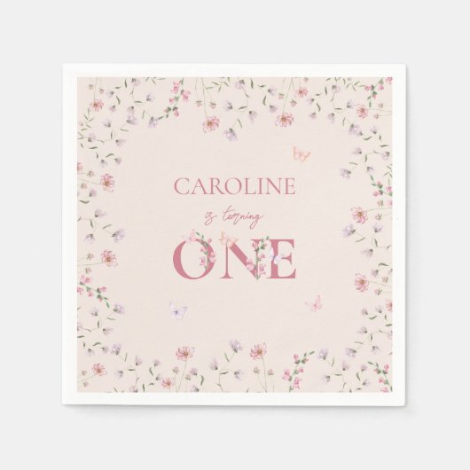 Eerste Verjaardag Waterverf Wildflower Butterfly Servet (Voorkant)