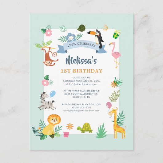 Eerste verjaardag Wilde Eén Oerwoud Dieren Thema P Uitnodiging Briefkaart (Voorkant)