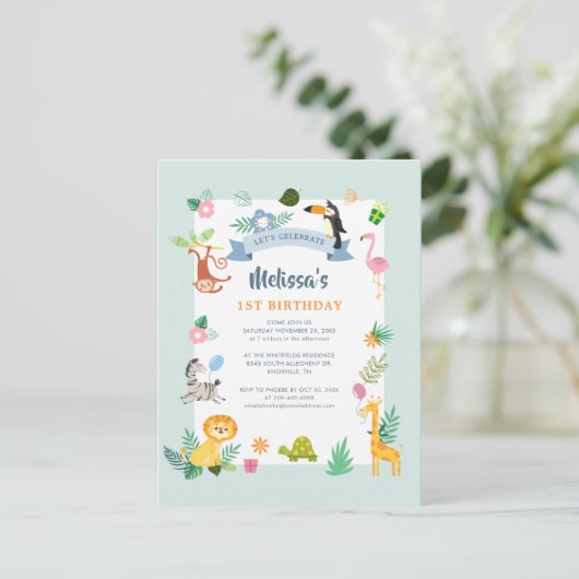 Eerste verjaardag Wilde Eén Oerwoud Dieren Thema P Uitnodiging Briefkaart (Staand voorkant)