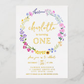 Eerste Verjaardag Wildflower Spring Summer Baby Gi Folie Uitnodiging (Voorkant)