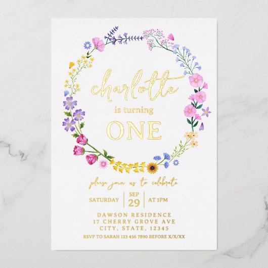 Eerste Verjaardag Wildflower Spring Summer Baby Gi Folie Uitnodiging (Voorkant)