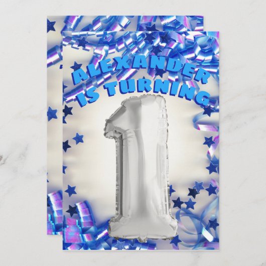Eerste verjaardag Zilver en Blauwe Leeftijd 1 Boys Kaart (Voorkant / Achterkant)