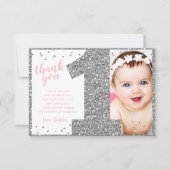 Eerste verjaardag Zilver en Roze Bedankkaart (Voorkant)