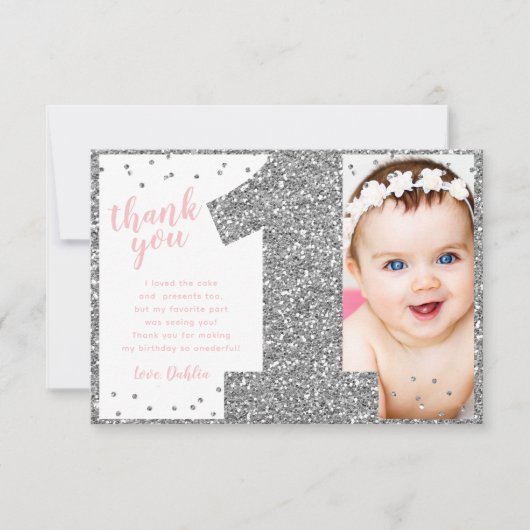 Eerste verjaardag Zilver en Roze Bedankkaart (Voorkant)