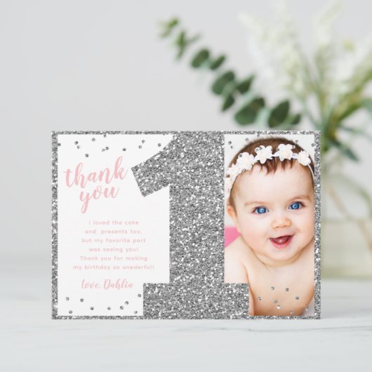 Eerste verjaardag Zilver en Roze Bedankkaart (Staand voorkant)