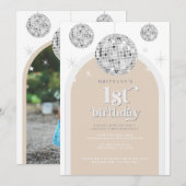 Eerste Verjaardag Zilveren Retro Disco Glitterboog Kaart (Voorkant / Achterkant)