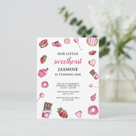 Eerste verjaardag zoete dessert roze waterverf briefkaart (Staand voorkant)