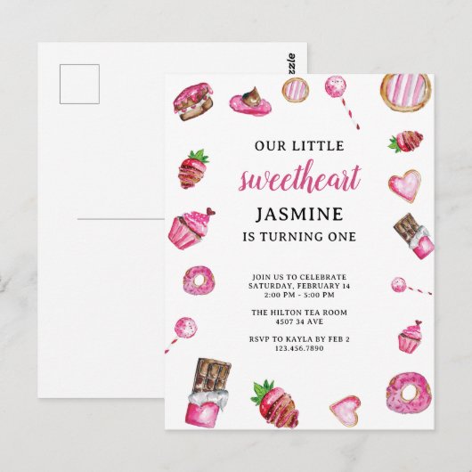 Eerste verjaardag zoete dessert roze waterverf briefkaart (Voorkant / Achterkant)