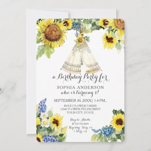 Eerste Verjaardags Avontuur BOHO Tepee Zonnebloeme Kaart (Voorkant)